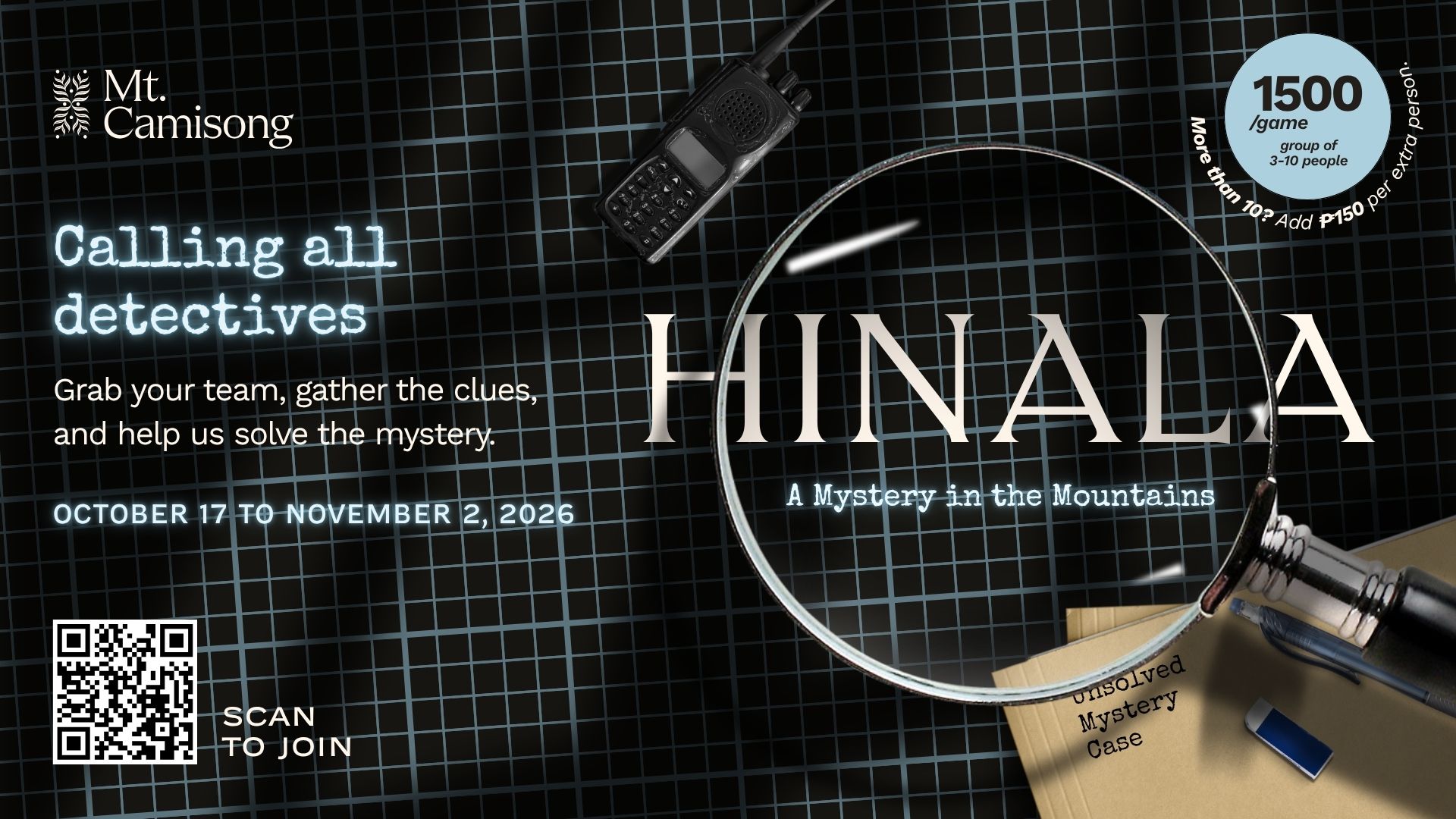 Poster for Hinala: Mystery in the Mountains, a group detective game at Mt. Camisong Forest Park in Itogon, Benguet